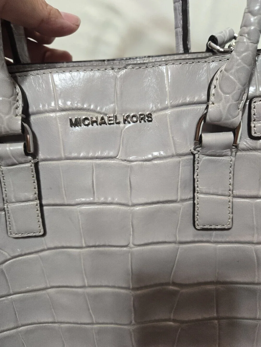 Michael Kors Dillon Satchel Dove Gray Croc Embossed Leather Shoulder Bag